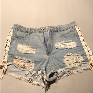 High waisted side tie denim shorts